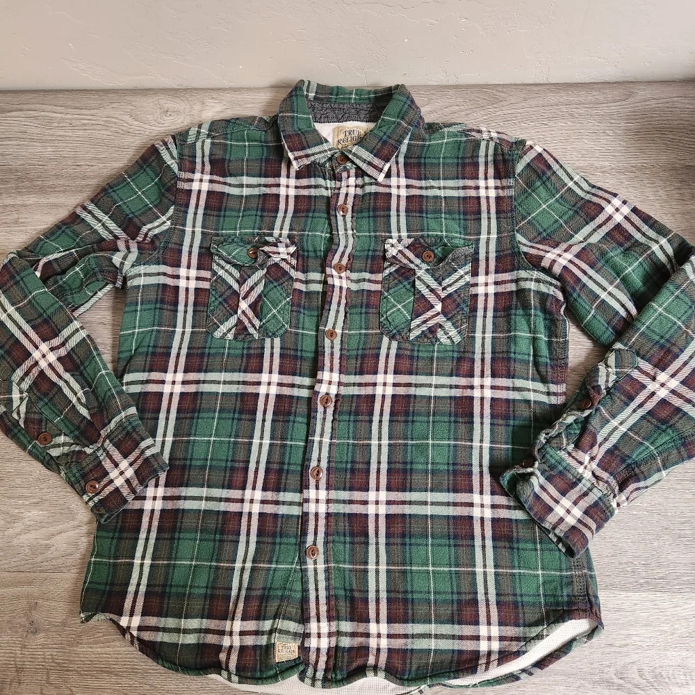 True Religion Green Shirt Size M Plaid Thermal Lined Workwear Flap Pockets Thick